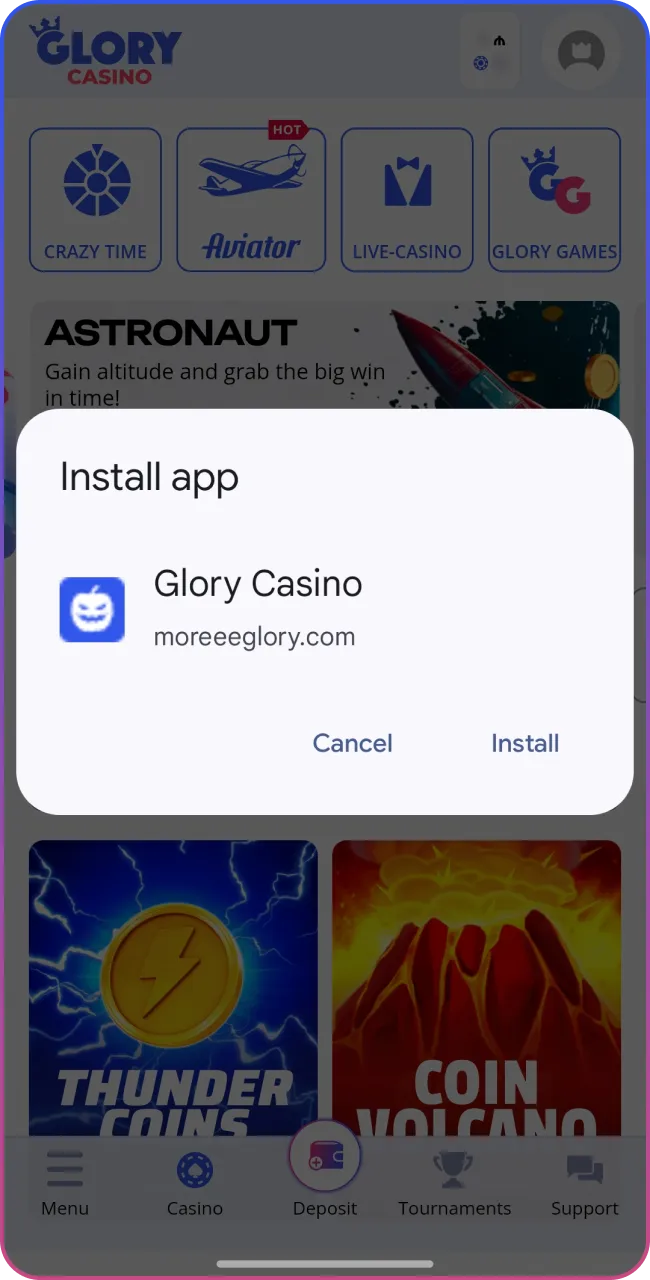 Click download and get the Glory Casino app.