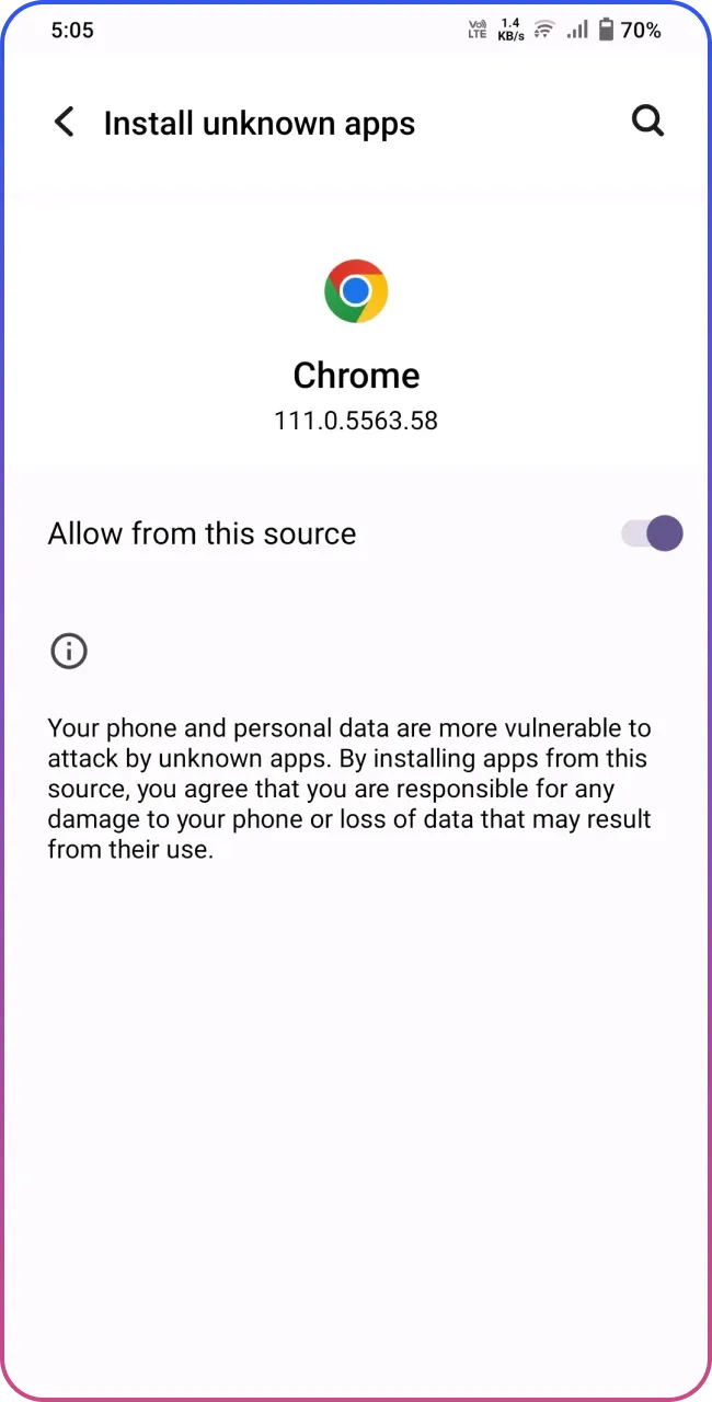 Enable unknown sources to install Glory Casino app.