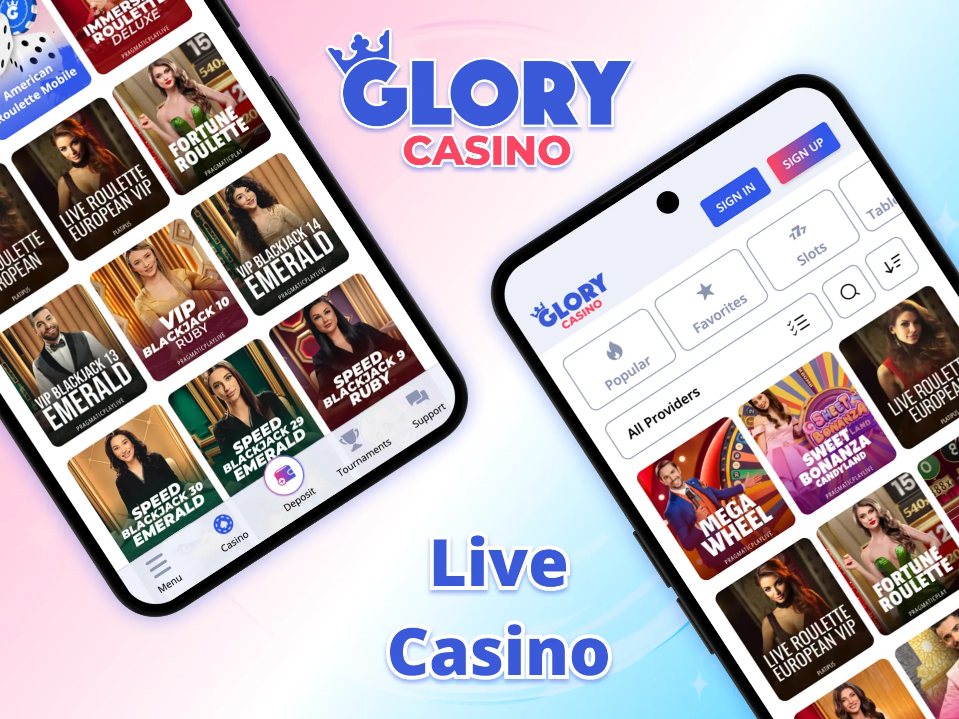 Enjoy live dealer games at Glory Casino now.
