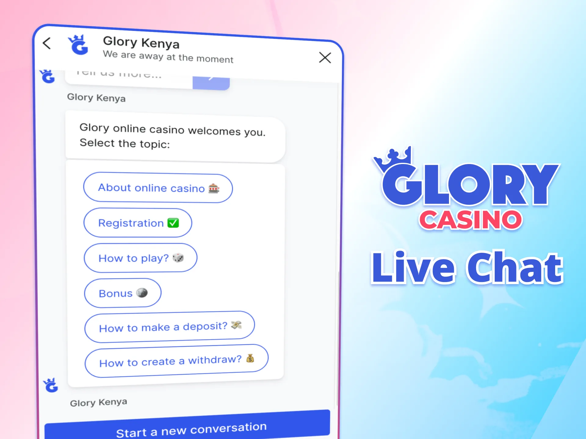 Use Glory Casino live chat to solve issues fast.