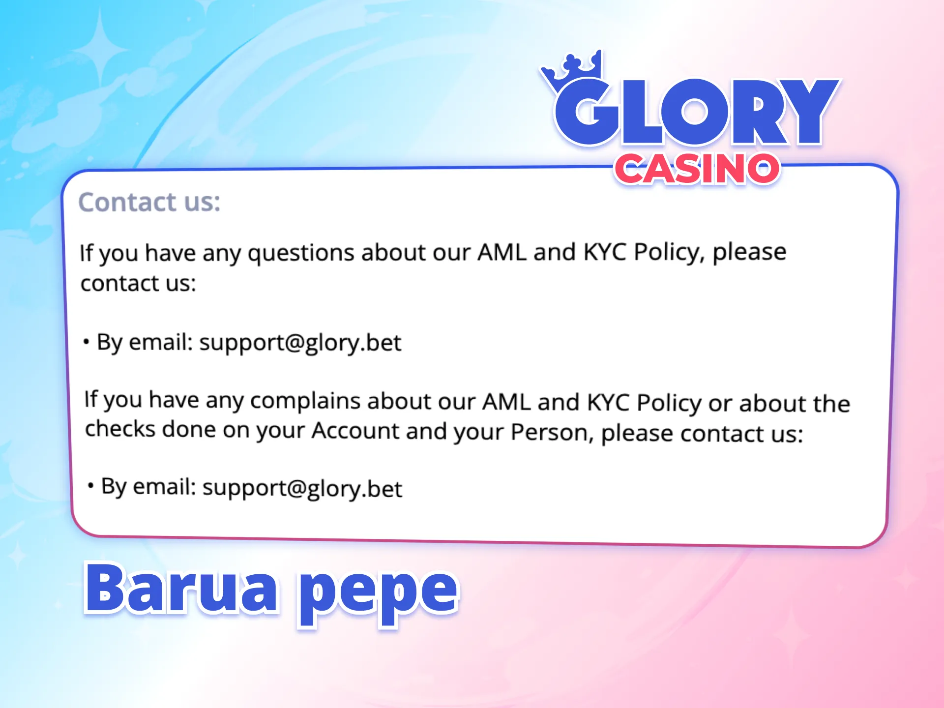 Wasiliana na Glory Casino kupitia barua pepe leo.
