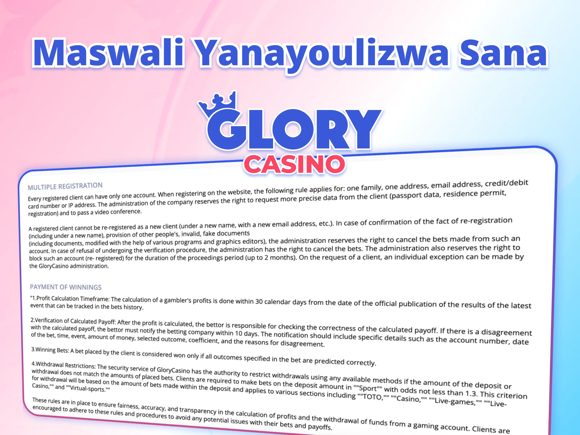 Pata majibu haraka na ushinde Glory Casino.
