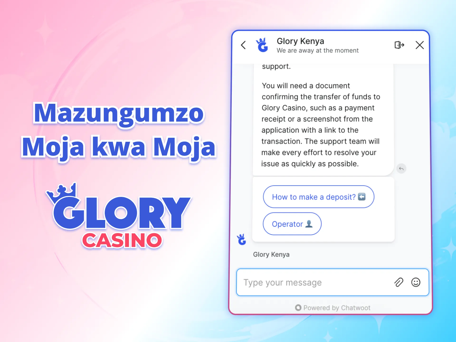 Zungumza sasa na ushinde na Glory Casino.