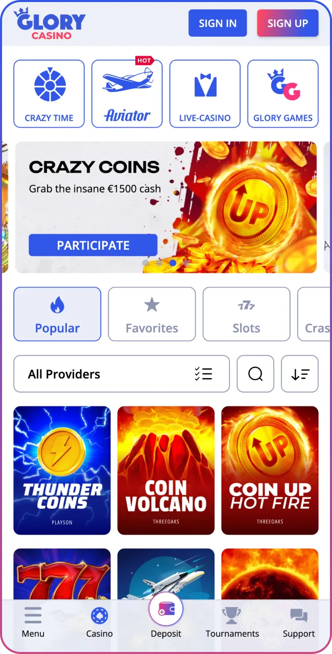 Create your Glory Casino account and win big now.