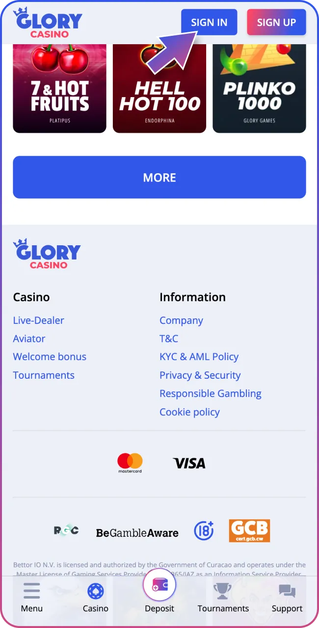Bonyeza Jiandikishe na uanze kucheza Glory Casino.