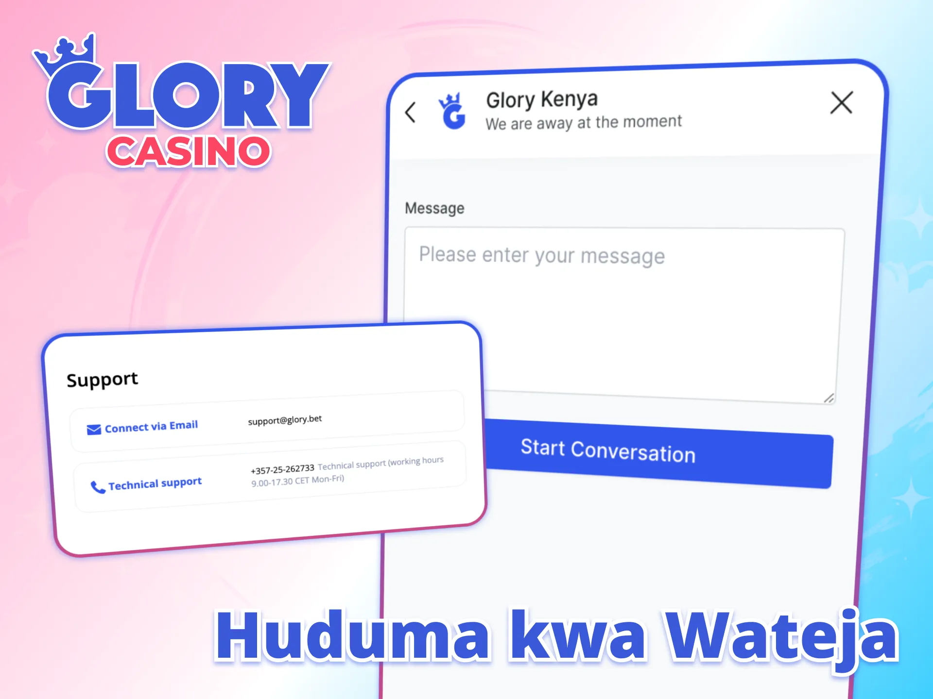 Msaada wa wateja wa Glory Casino unapatikana saa ishirini na nne.