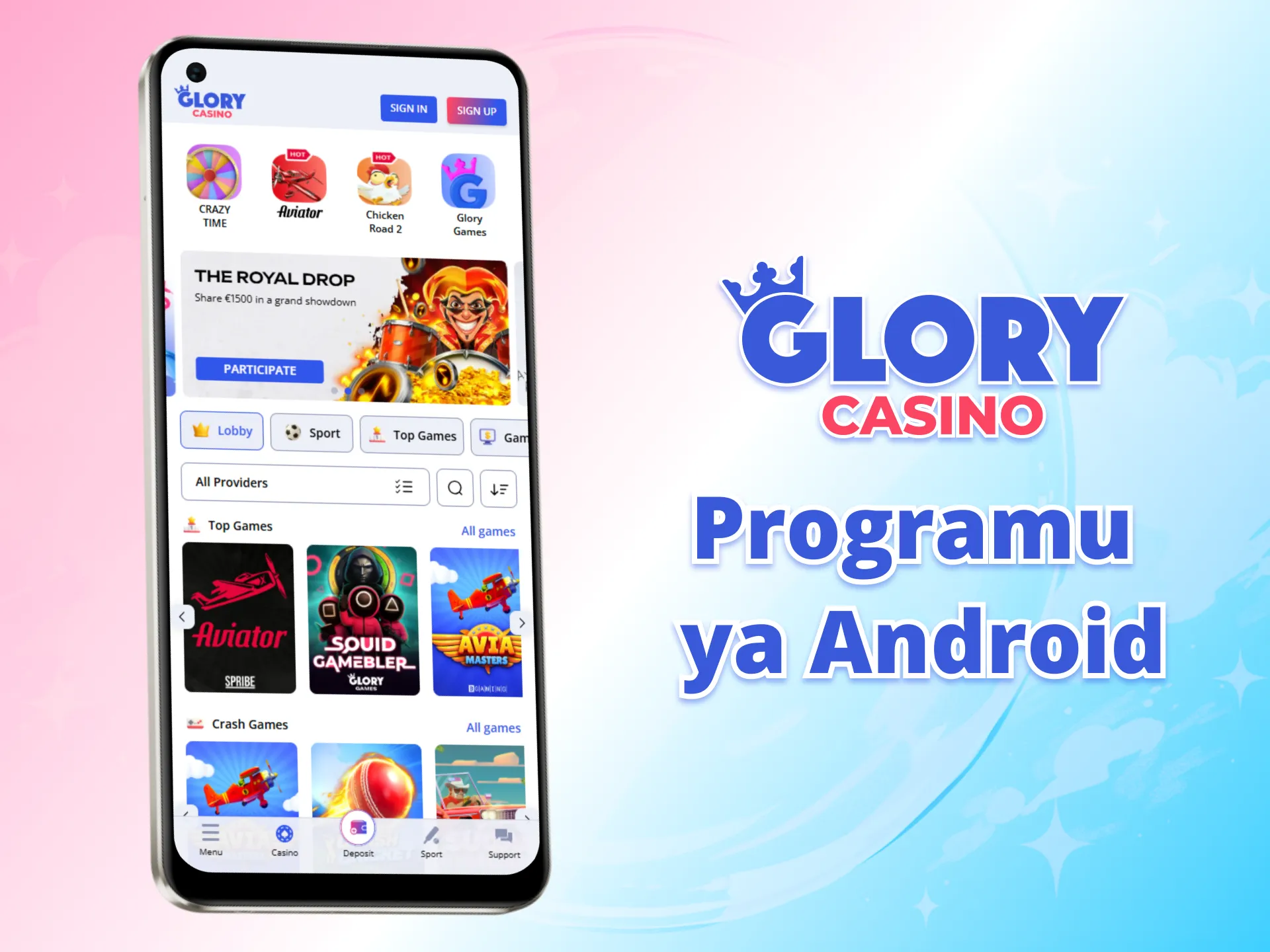 Programu ya Glory Casino Android hurahisisha ubashiri na michezo kwa simu.