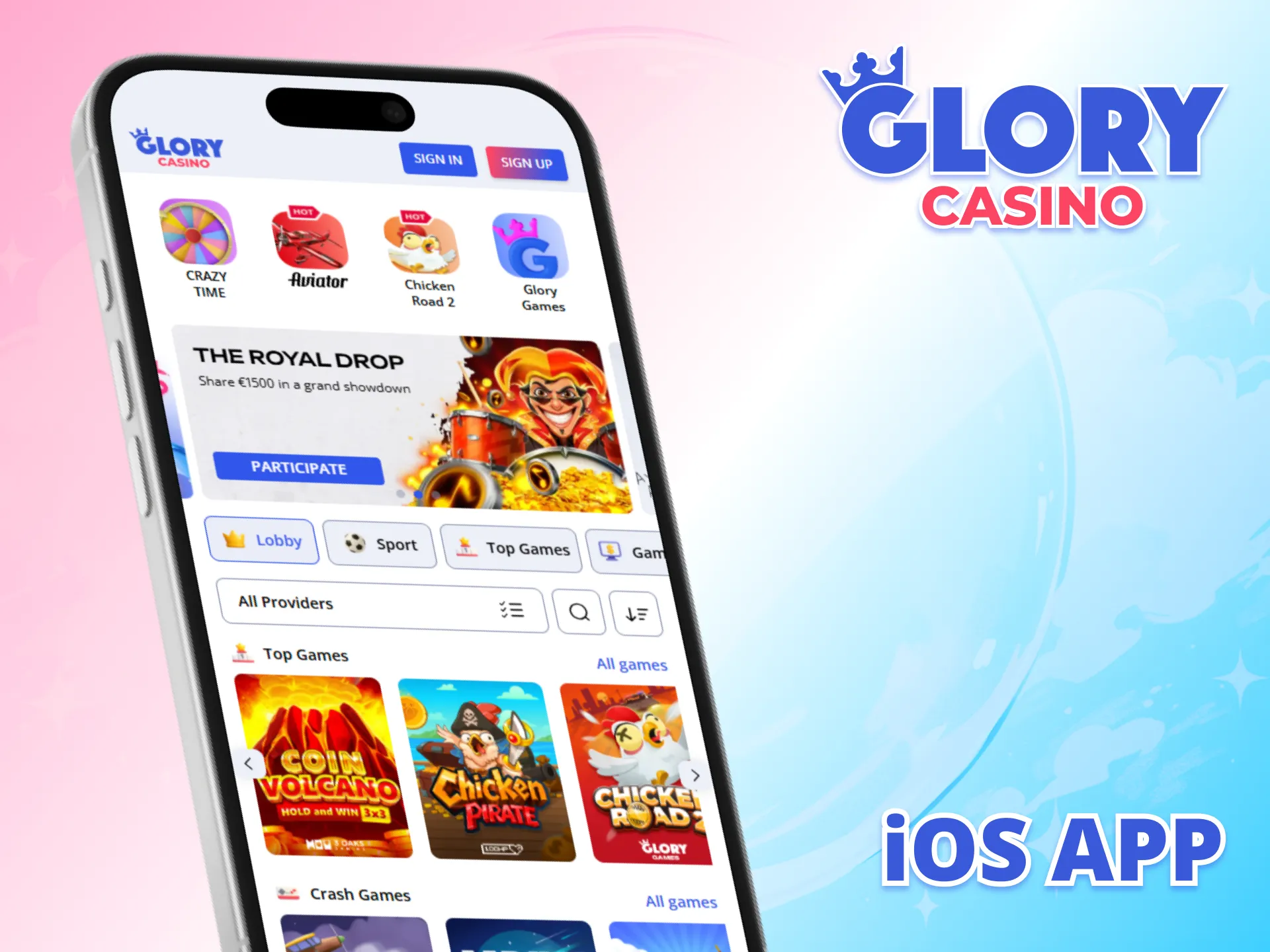 Get the iOS app of Glory Casino for instant betting on mobile.