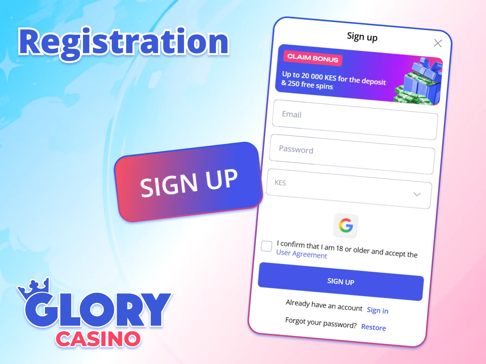 Quick registration allows Kenya users to start betting on Glory Casino.